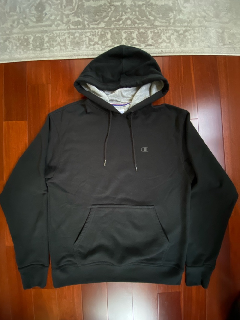 Champion Black Hoodie with Grey Lining - Men's Pullover Sweatshirt
